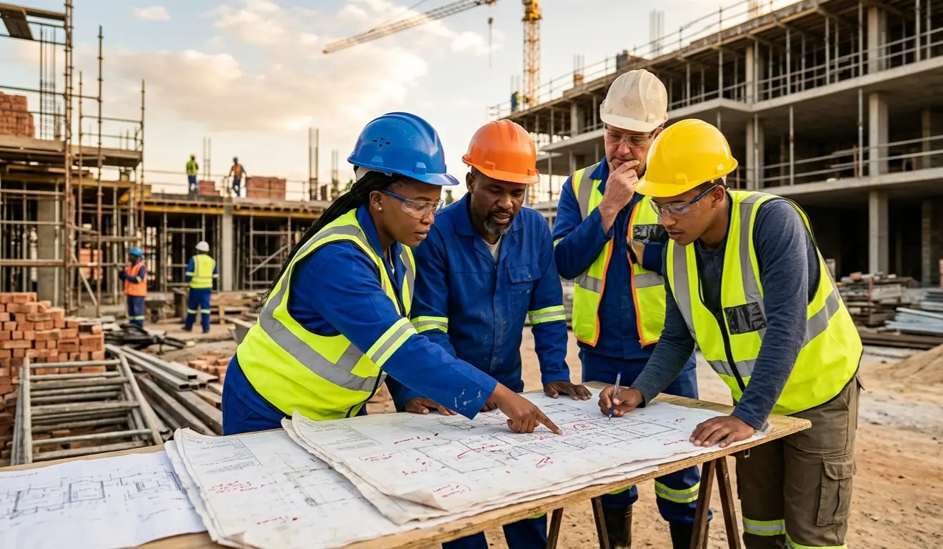 Construction workers looking at blueprints